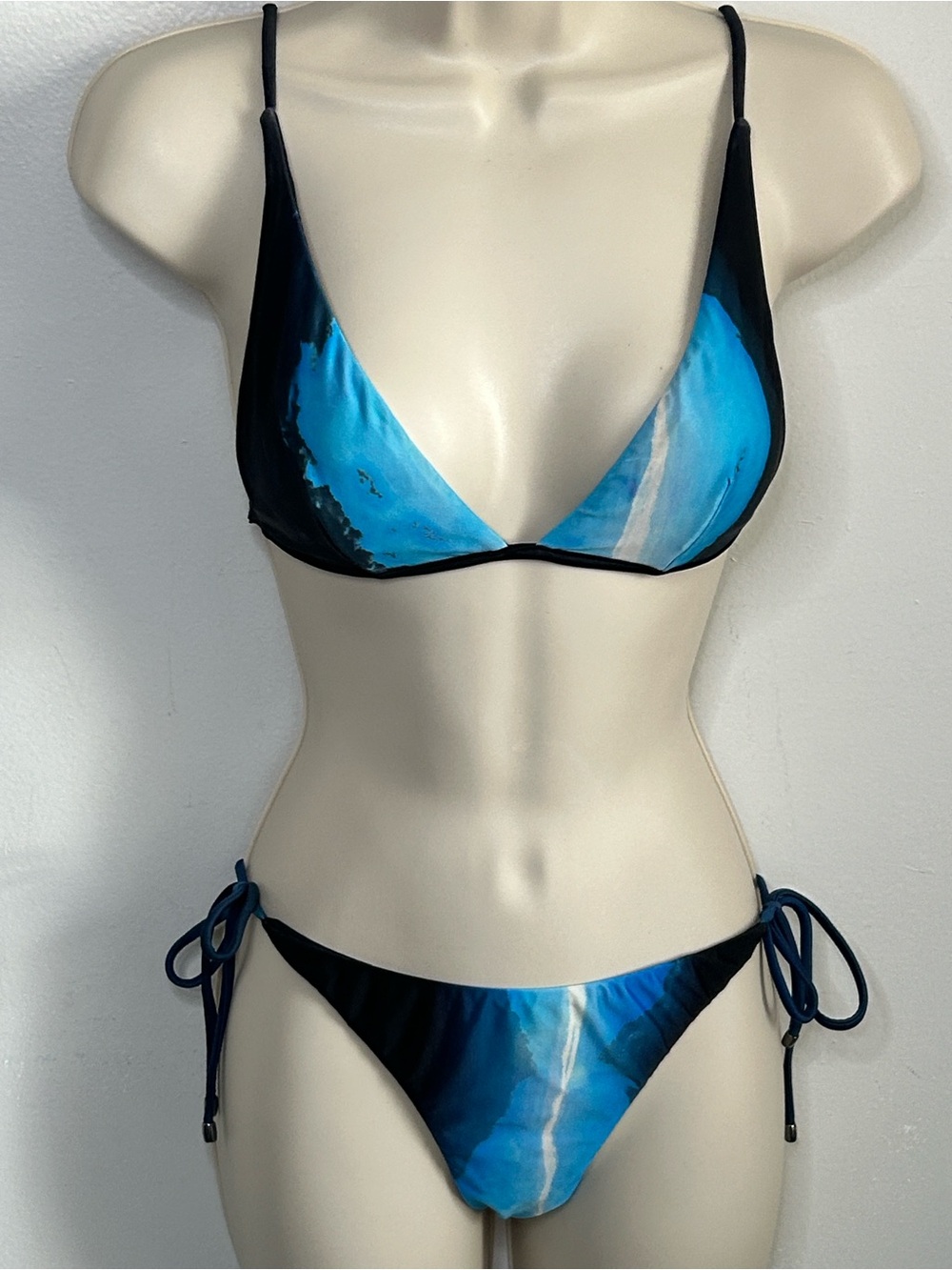 Blue Tie-Side Triangle Bikini with Ocean Print